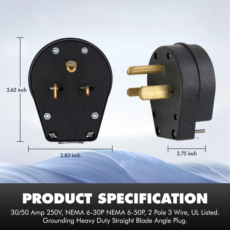 VAV NEMA 6-30P & 6-50P, 30 & 50 Amp, 250V, Heavy Duty Angle Plug, 2 Pole 3 Wire AC Dryer Replacement Male, Industrial Grade, UL Listed - Image 3